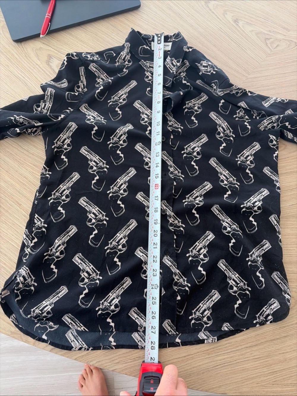 Saint Laurent SILK Black Button-Down Shirt with Ivory Revolver Print - Picture 6 of 9